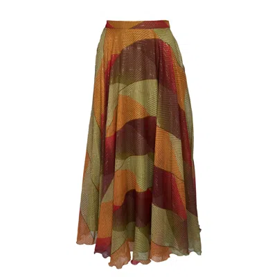 Sofia Tsereteli Women's Long Silk Skirt In Multicolored Patch In Green