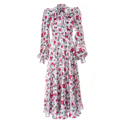 Sofia Tsereteli Peony Print V-neck Silk Dress In White