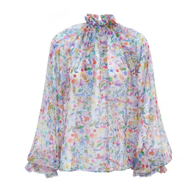 Sofia Tsereteli Watercolor Print Chiffon Blouse In White