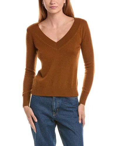 Sofiacashmere Deep Wide Trim V-neck 100% Cashmere Sweater In Brown