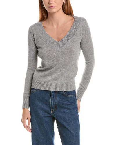 Sofiacashmere Deep Wide Trim V-neck 100% Cashmere Sweater In Gray
