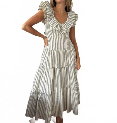 Sofie The Label Bella Stripe Tiered Ruffle Midi Dress In Navy In Multi