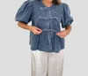 Sofie The Label Cara Medium Wash Denim Poplin Tie Top In Blue In Blue