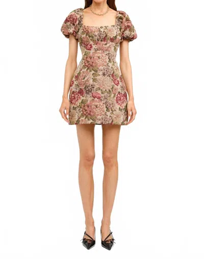 Sofie The Label Floral Jacquard Puff Sleeve Dress In Burgundy In Orange