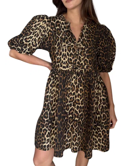 Sofie The Label Gabby Tie Top Puff Sleeve Mini Dress Leopard Denim In Brown