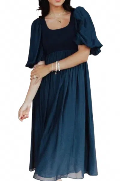 Sofie The Label Raina Puffed Sleeve Midi Dress In Navy In Blue