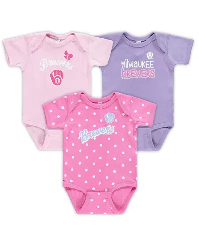 Soft As A Grape Babies' Infant Boys And Girls  Pink, Purple Milwaukee Brewers Rookie Creeper 3-pack In Pink,purple