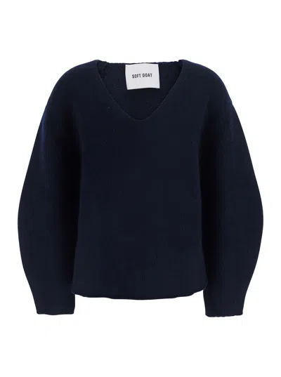 Soft Goat 100% Cashmere V-neck Sweater With Puff Sleeves In Blue