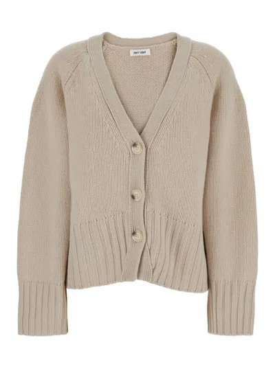 SOFT GOAT BEIGE CARDIGAN WITH V NECK AND RIBBED TRIMS IN CASHMERE WOMAN