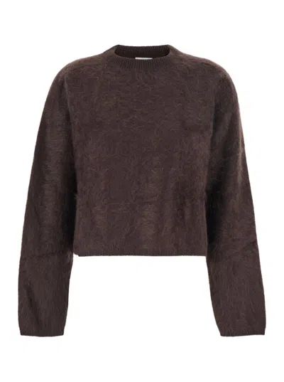 SOFT GOAT BROWN CROPPED CREWNECK SWEATER WITH BRUSHED EFFECT IN CASHMERE WOMAN