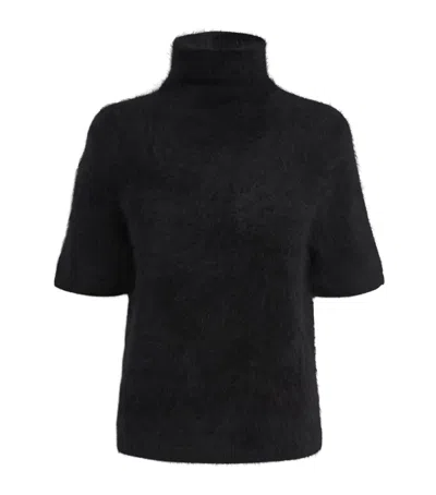 Soft Goat Brushed Cashmere Short-sleeve Sweater In Black