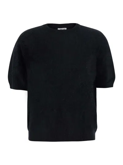 Soft Goat Brushed-knit Short-sleeve Cashmere Sweater In Black