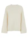 Soft Goat White Crewneck Knit Sweater With Dropped Shoulders In Cashmere Woman
