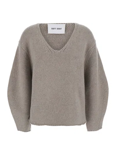 Soft Goat Cashmere V-neck Pullover With Puff Sleeves In Neutral