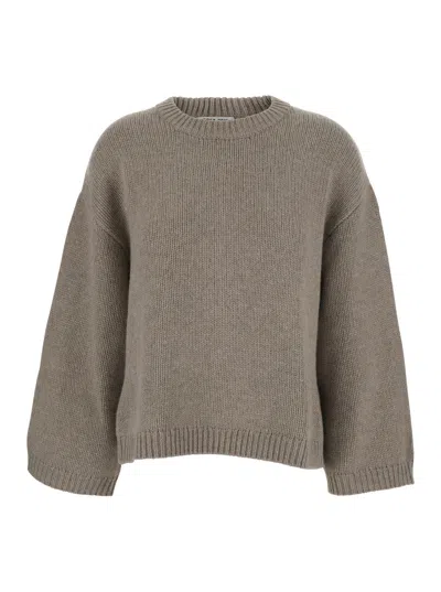 Soft Goat Chunky Cashmere Crewneck Sweater With Round Neck And Long Sleeves In Gray