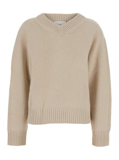 Soft Goat Chunky Cashmere V-neck Pull Sweater With Long Sleeves In Neutral