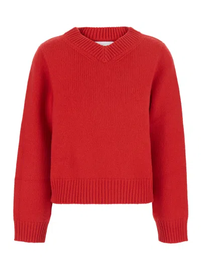 Soft Goat Chunky V-neck Cashmere Sweater For Women With Long Sleeves In Red