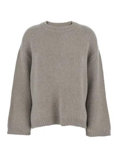 SOFT GOAT GREY CREWNECK KNIT SWEATER WITH DROPPED SHOULDERS IN CASHMERE WOMAN