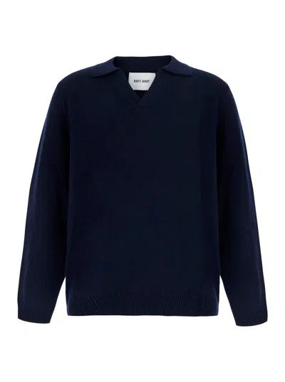 Soft Goat Heavy Cashmere Polo Collar Long Sleeve Jersey For Men In Blue