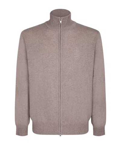 Soft Goat High-neck Zip-up Cardigan In Brown