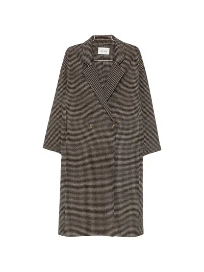 Soft Goat Houndstooth Double-breasted Coat In Brown