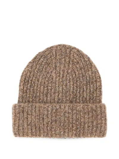 Soft Goat Marled Ribbed-knit Beanie Hat In Brown
