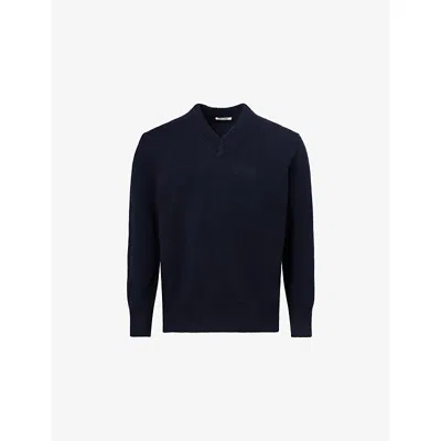 Soft Goat Mens Navy V-neck Knitted Cashmere Jumper In Blue