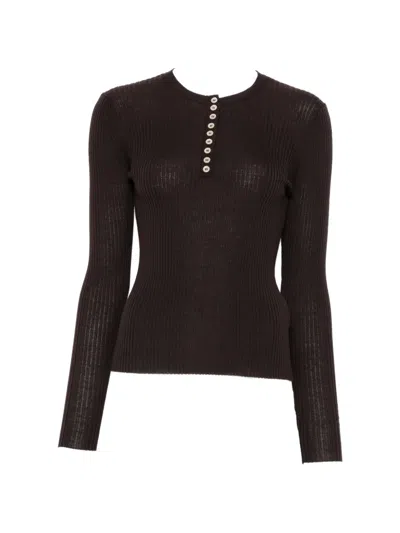 Soft Goat Ribbed-knit Henley Sweater In Brown
