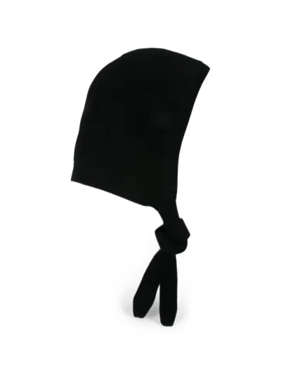 Soft Goat Ribbed-knit Tie-fastening Beanie Hat In Black