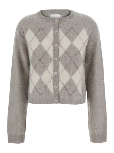 Soft Goat Soft Cropped Wool Crew-neck Cardigan With Argyle Front In Gray