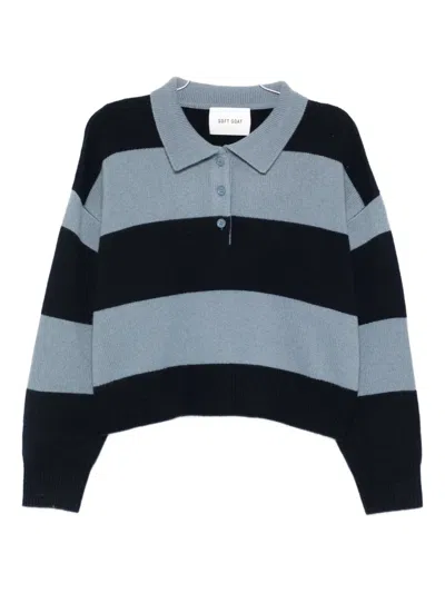 Soft Goat Striped Polo-neck Sweater In Blue