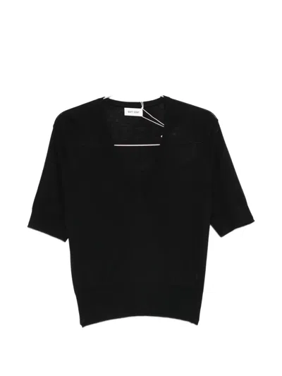 Soft Goat V-neck Short-sleeve T-shirt In Black