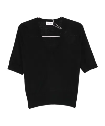 Soft Goat V-neck Short-sleeved Knit Top In Black