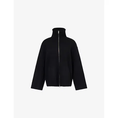 Soft Goat Womens Black Double High-neck Wool-and Cashmere Cardigan