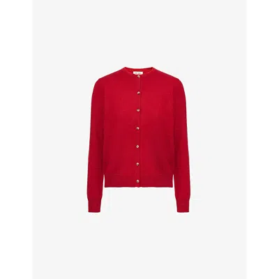 Soft Goat Womens Lipstick Red Brushed Round Neck Cashmere Cardigan