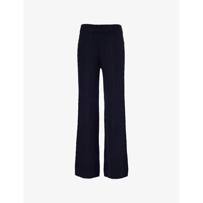 Soft Goat Womens Cable-knit Straight-leg Cashmere Jogging Bottoms Navy