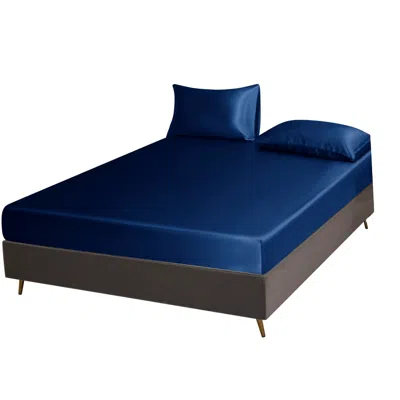 Soft Strokes Silk Blue Pure Mulberry Silk Seamless Fitted Sheet - Double - Navy