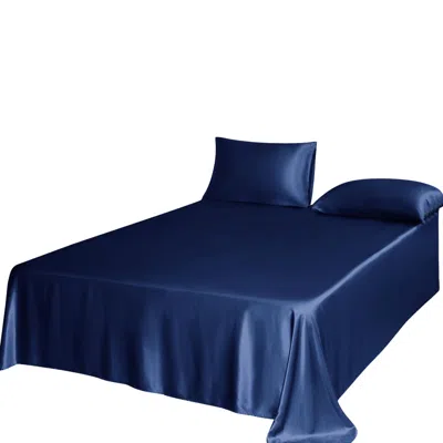 Soft Strokes Silk Blue Pure Mulberry Silk Seamless Flat Sheet - Queen - Navy