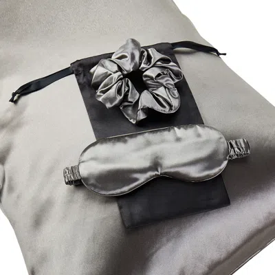 Soft Strokes Silk Gift Set: Grey Pure Mulberry Silk Pillowcase, Eye Mask And Scrunchies