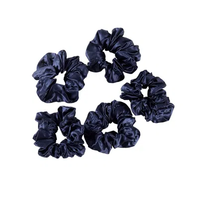 Soft Strokes Silk Women's Blue Pure Mulberry Silk French Scrunchie Set Of Five In Navy