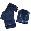 Soft Strokes Silk Women's Blue Pure Silk Unisex Long Sleeve Pyjama Set Navy In Blue