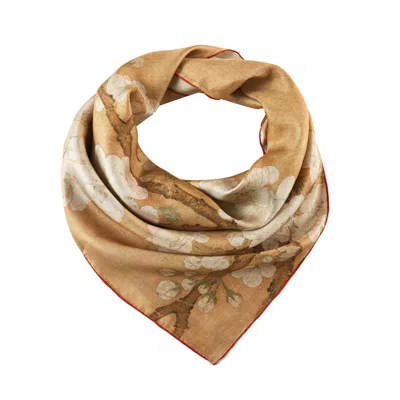 Soft Strokes Silk Women's Brown Pure Silk Scarf Painting Parrot And Insect Among Pear Blossoms