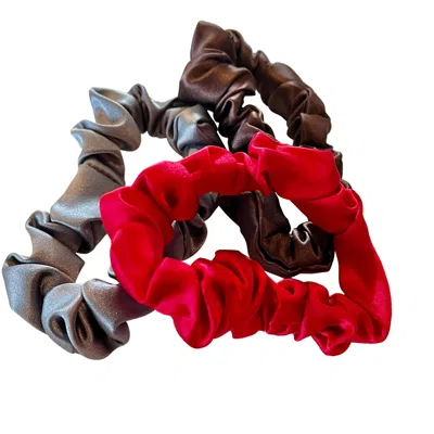 Soft Strokes Silk Women's Brown Set Of Three Pure Mulberry Silk Mini Scrunchie Weekly Special Hair Ties Parisian Cafe