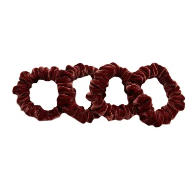 Soft Strokes Silk Women's Brown Silk Velvet Handmade Mini Scrunchie Set Of Four, Lipstick Collection In Raspberry Choc