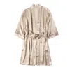 Soft Strokes Silk Women's Neutrals Pasithea - Kimono Pure Silk Robe - Knee Length Double Belts And Pockets - Beige In Beige