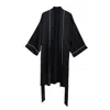 Soft Strokes Silk Women's Pasithea - Kimono Pure Silk Robe - Knee Length Double Belts And Pockets - Black In Black
