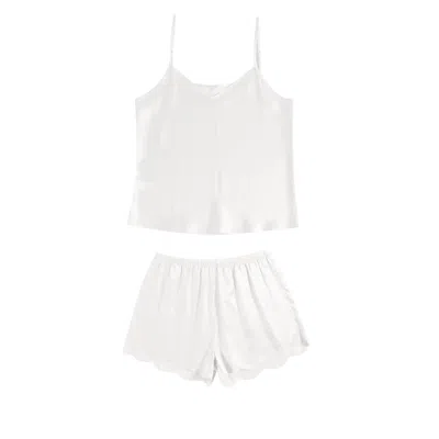 Soft Strokes Silk Women's Pure Mulberry Silk Pearl White Camisole And Scalloped Shorts Set