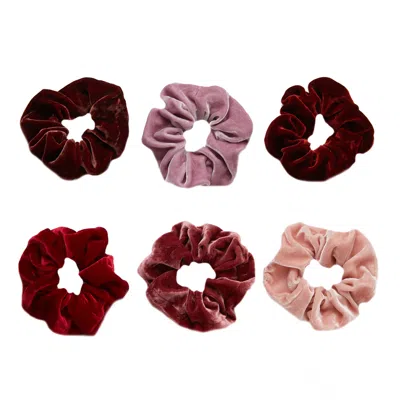 Soft Strokes Silk Women's Silk Velvet Handmade French Scrunchies, Lipstick Collection - Set Of Six In Brown/pink/purple/red