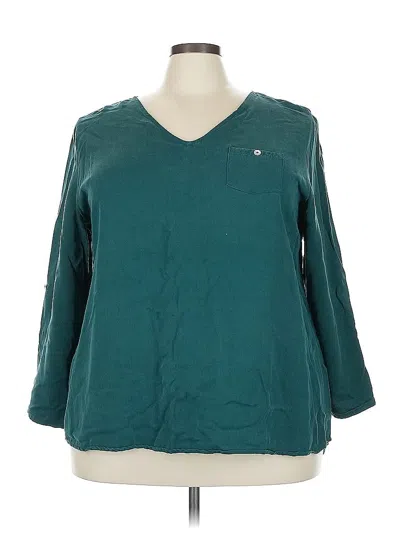 Pre-owned Soft Surroundings 3/4 Sleeve Top Teal Solid Pattern V Neck Tops In Blue