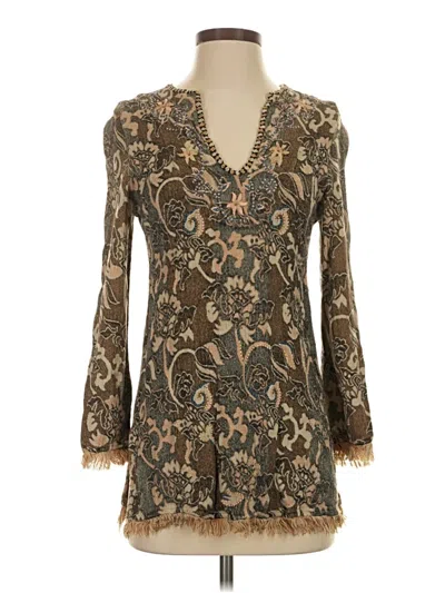 Pre-owned Soft Surroundings Long Sleeve Top Brown Paisley Pattern Plunge Neckline Tops